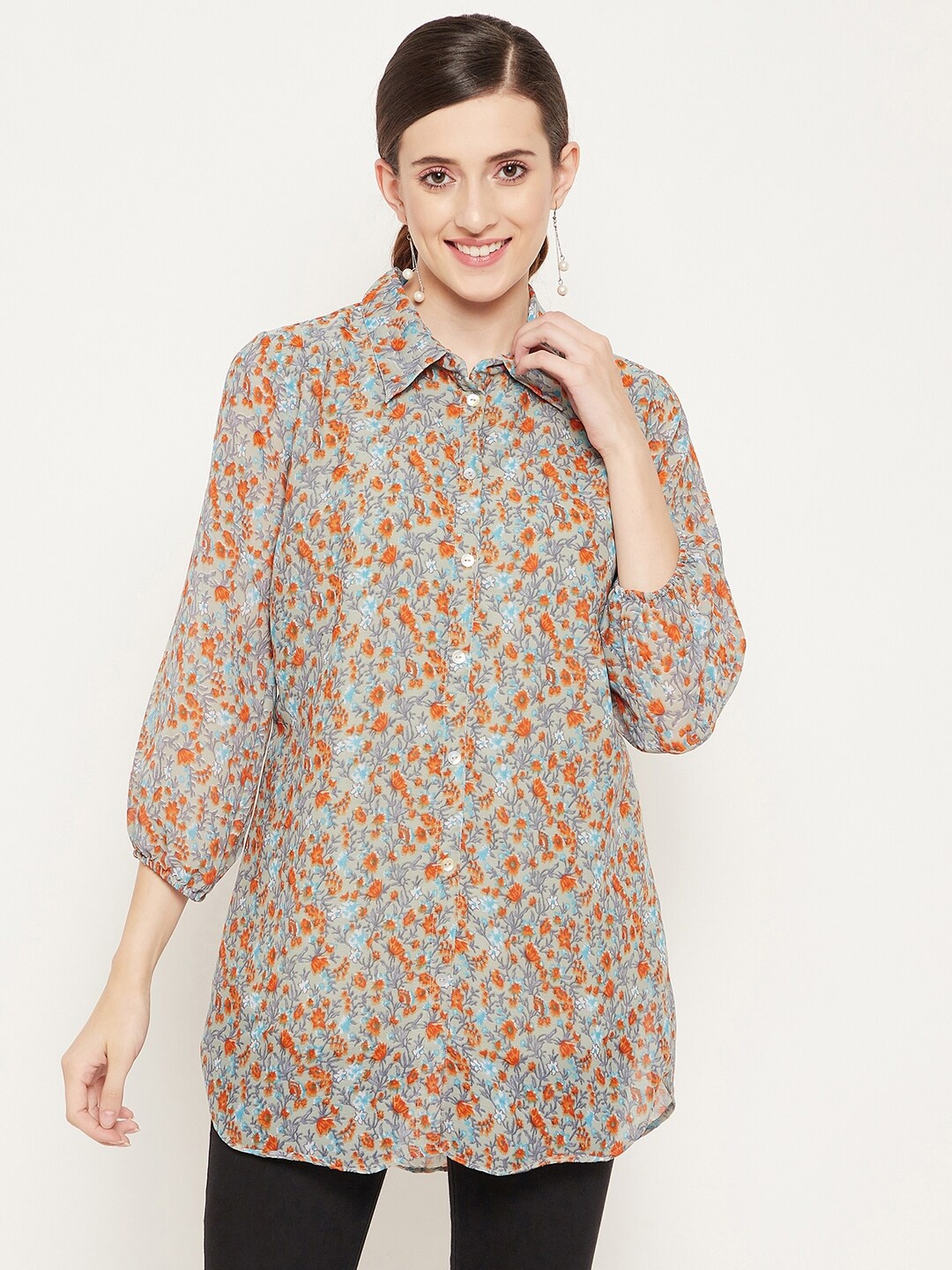 

Bitterlime Grey & Blue Shirt Collar Printed Tunic