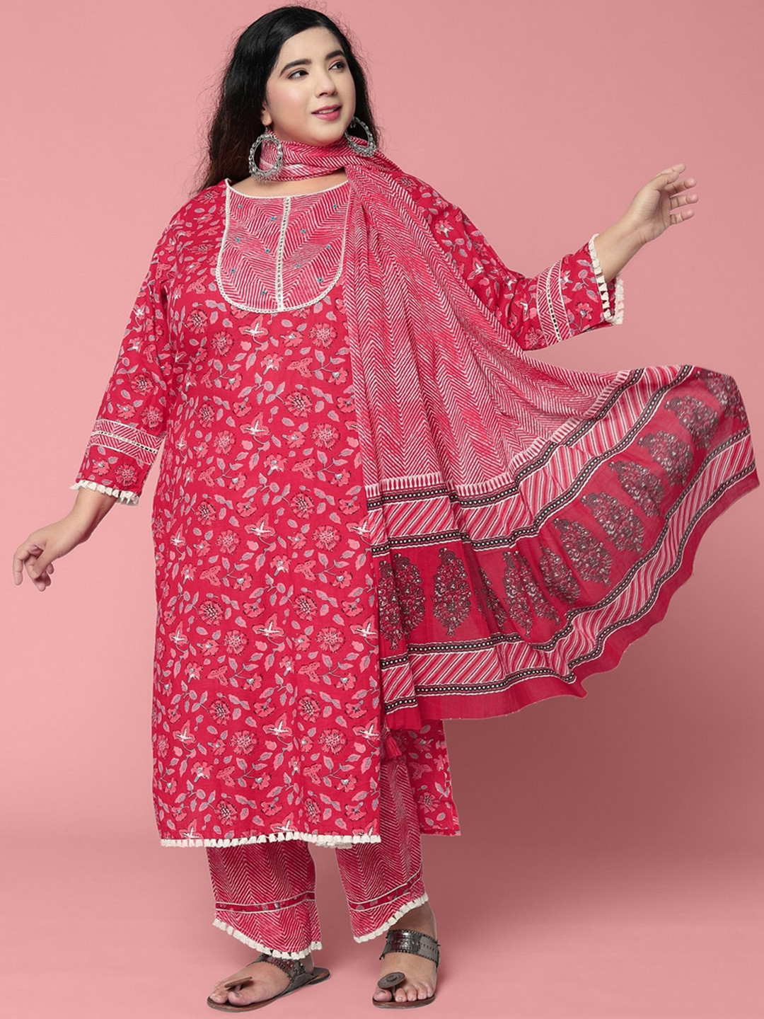 

KALINI Women Floral Printed Pure Cotton Kurta with Trousers With Dupatta, Pink
