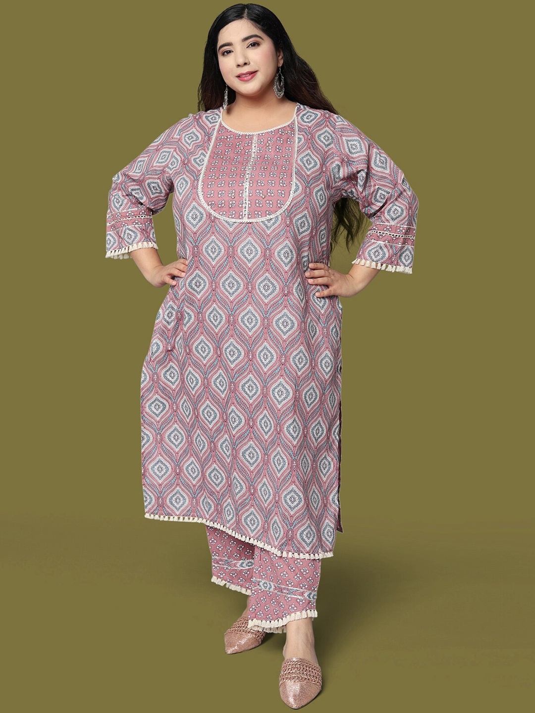 

MIRCHI FASHION Women Ethnic Motifs Printed Pure Cotton Kurta with Trousers & Dupatta, Coral