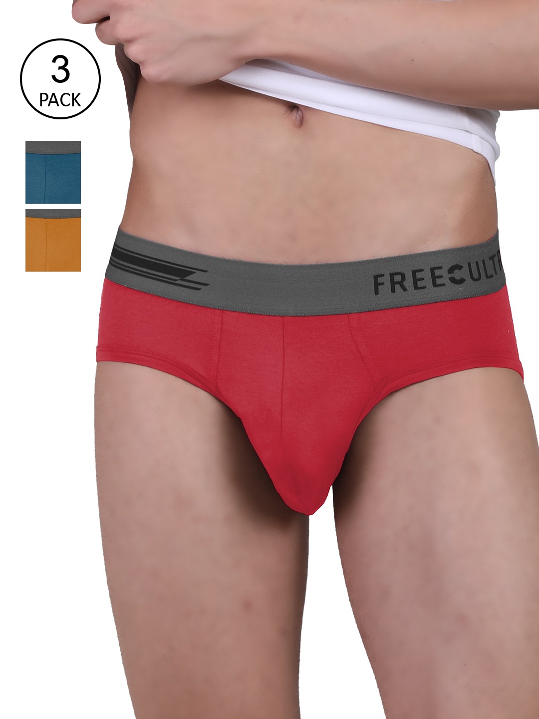 

FREECULTR Men Pack Of 3 Red & Blue Basic Briefs