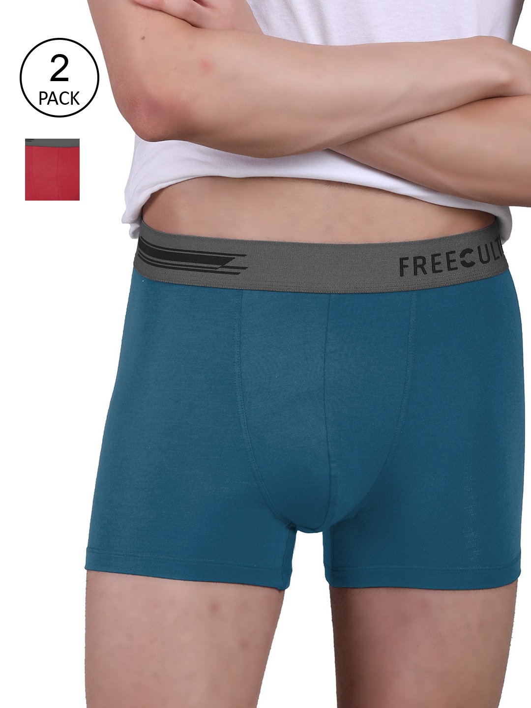 

FREECULTR Men Pack Of 2 Red & Teal Solid Trunk