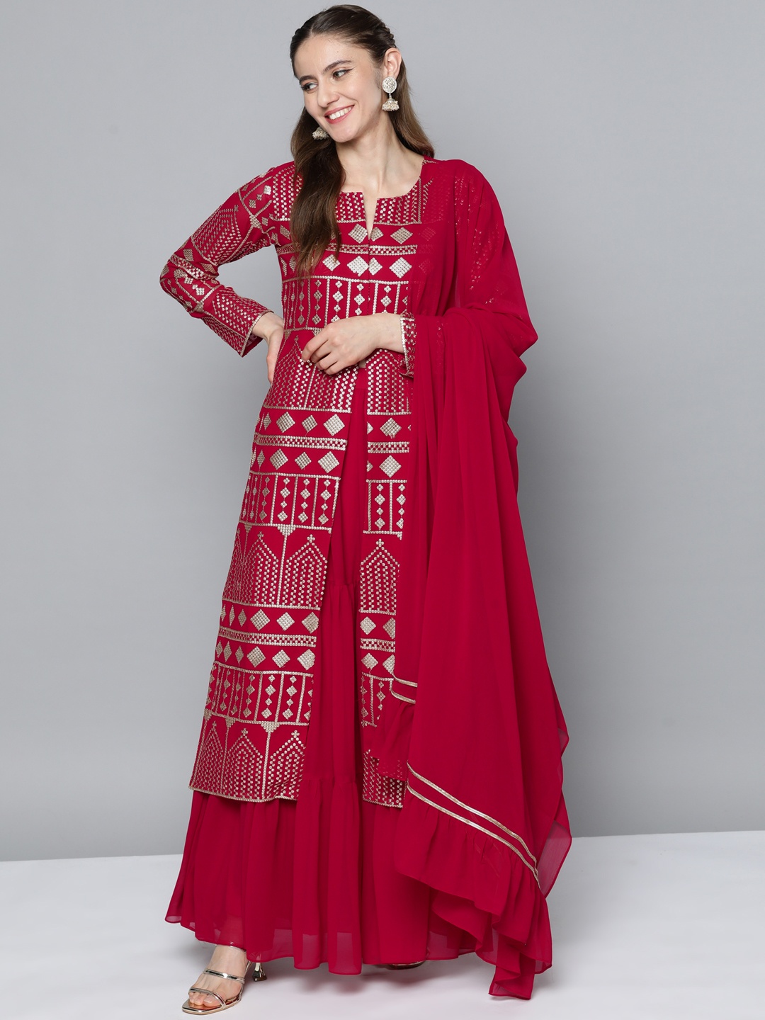 

Kvsfab Women Red Ethnic Motifs Embroidered Sequinned Kurta with Skirt & Dupatta