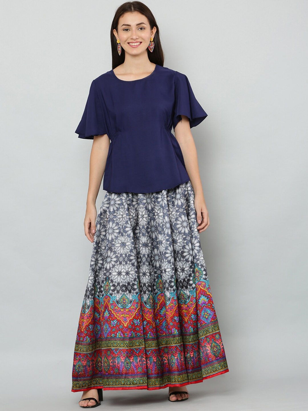 

EZIS FASHION Women Grey Floral Printed Flared Maxi Skirt