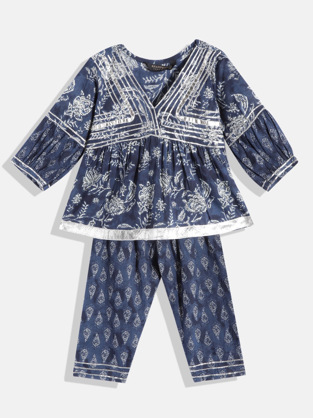 

Readiprint Fashions Girls Navy Blue & White Printed Empire Cotton Kurti with Trousers