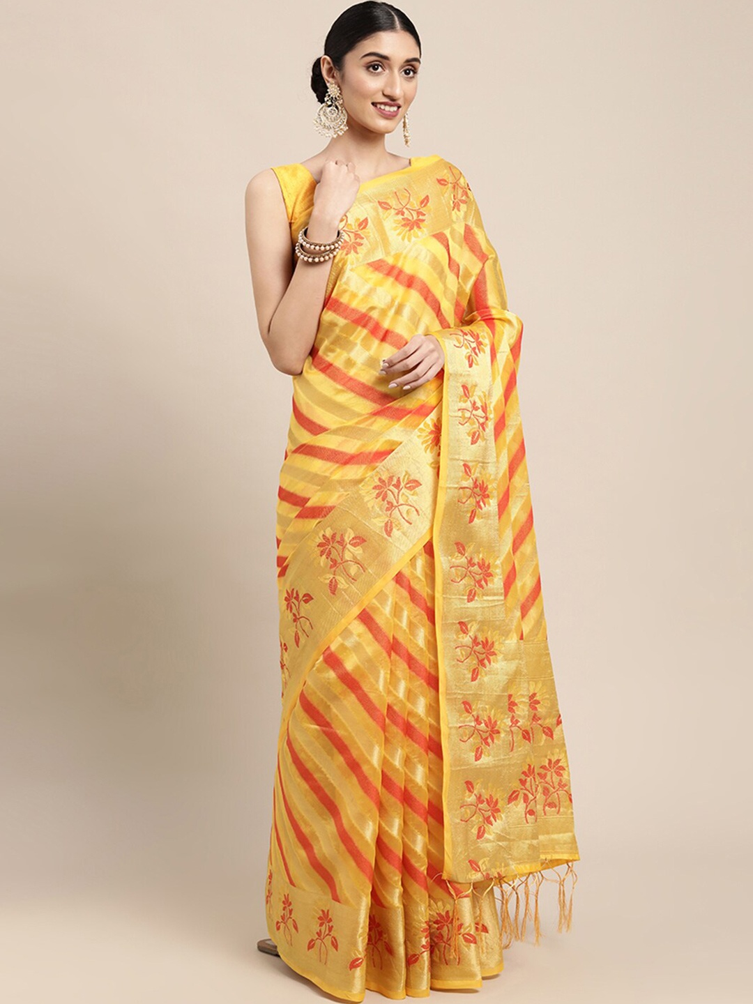 

Pisara Yellow & Red Striped Woven Design Zari Organza Saree