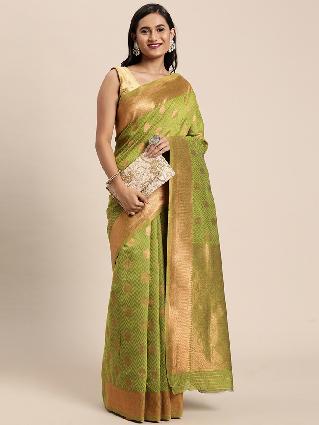 

Pisara Lime Green & Gold-Toned Woven Design Zari Chanderi Saree