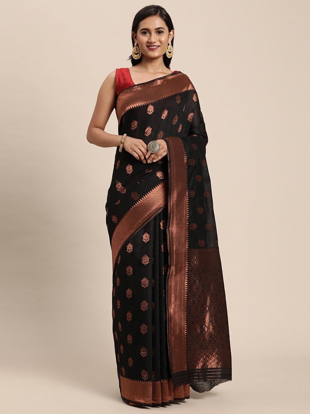 

Pisara Black & Gold-Toned Woven Design Zari Chanderi Saree