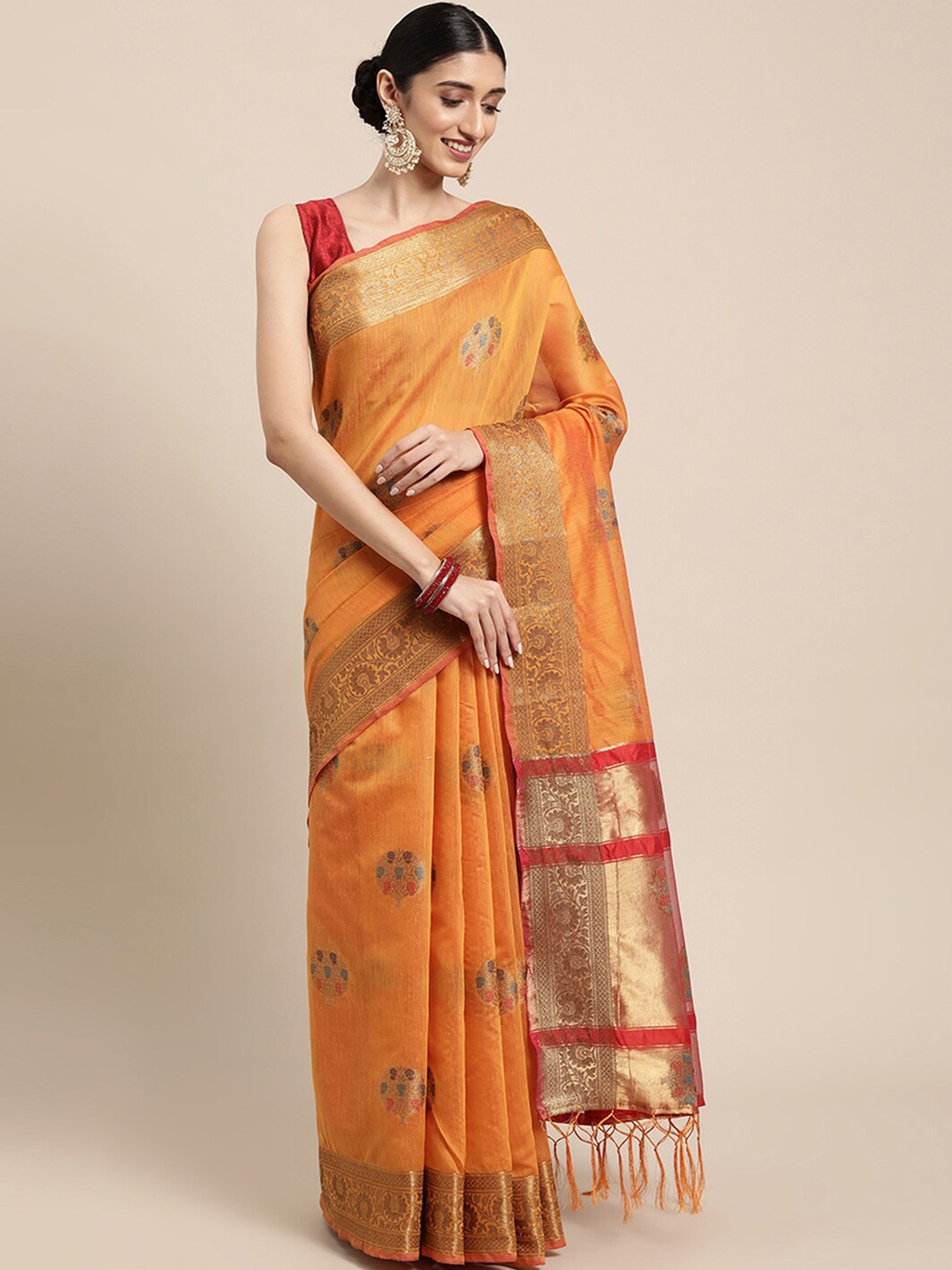 

Pisara Mustard & Gold-Toned Woven Design Zari Chanderi Saree