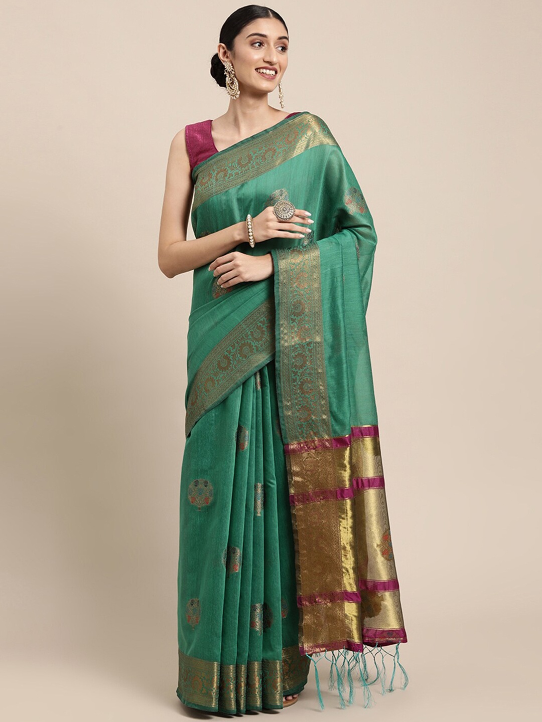 

Pisara Green & Pink Woven Design Zari Chanderi Saree