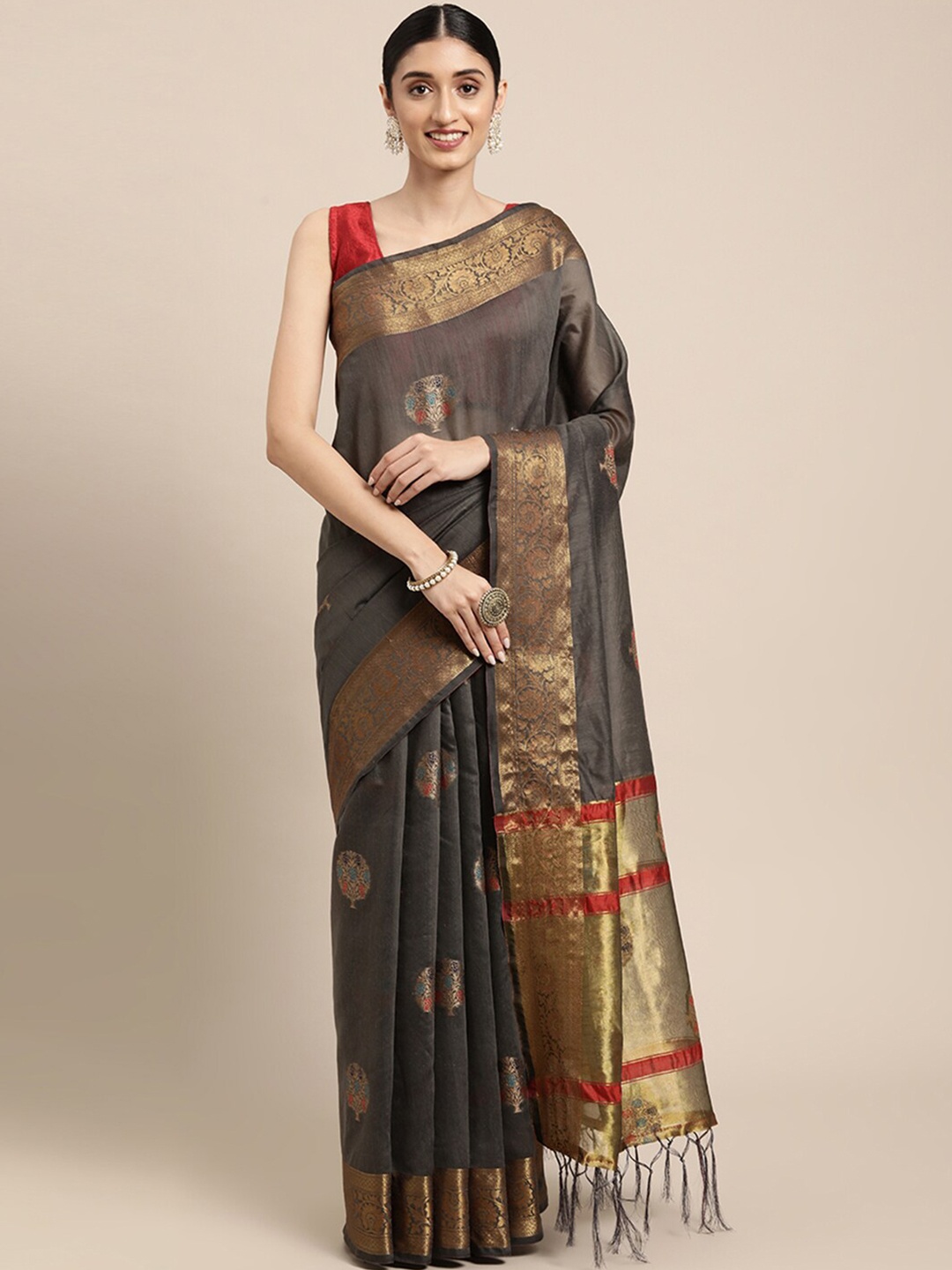 

Pisara Grey & Gold-Toned Woven Design Zari Chanderi Saree