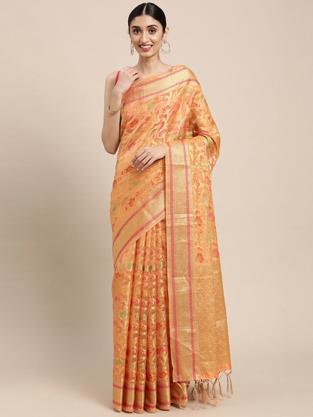 

Pisara Orange & Orange Woven Design Zari Organza Saree