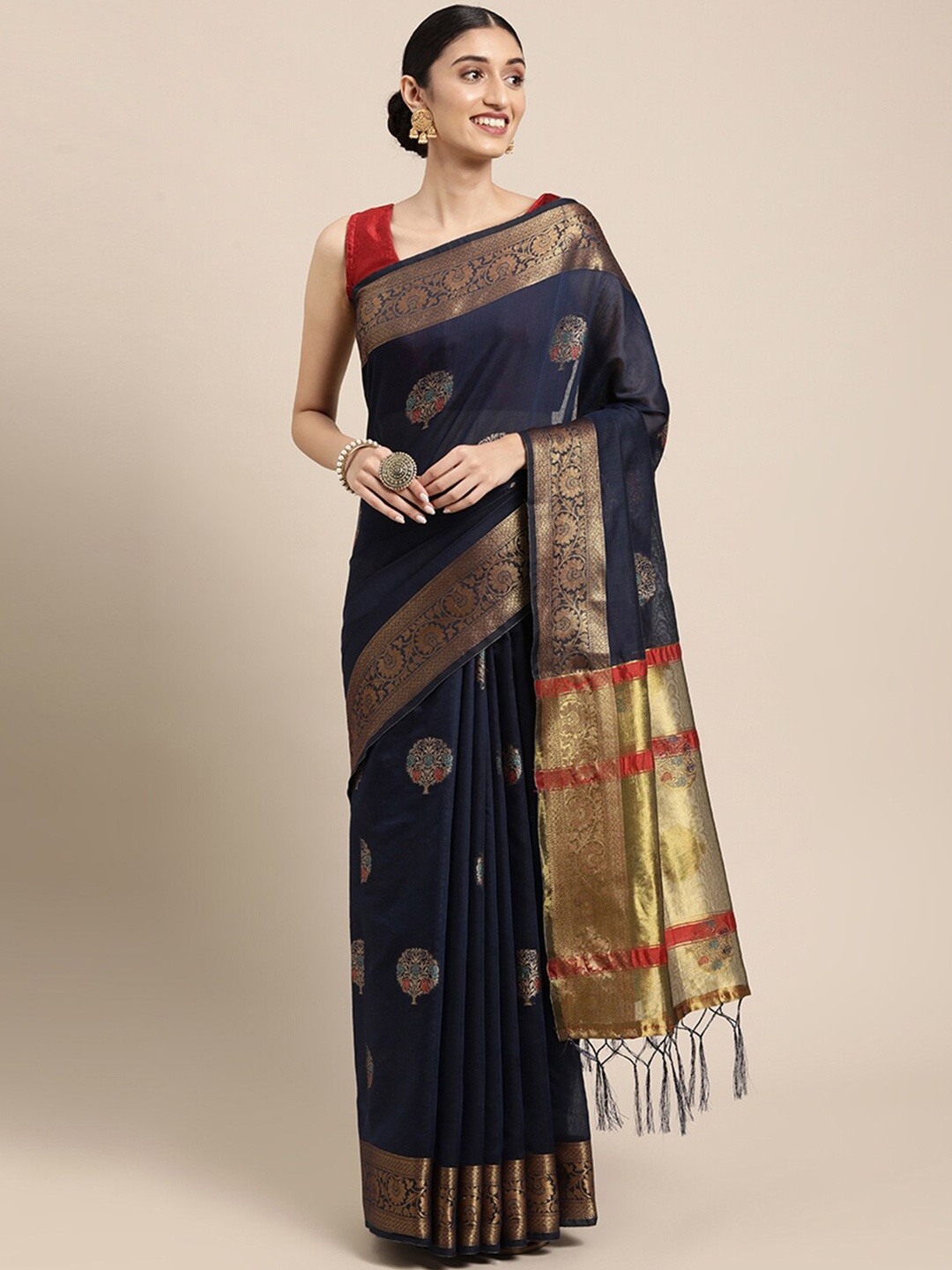 

Pisara Navy Blue & Gold-Toned Woven Design Zari Chanderi Saree