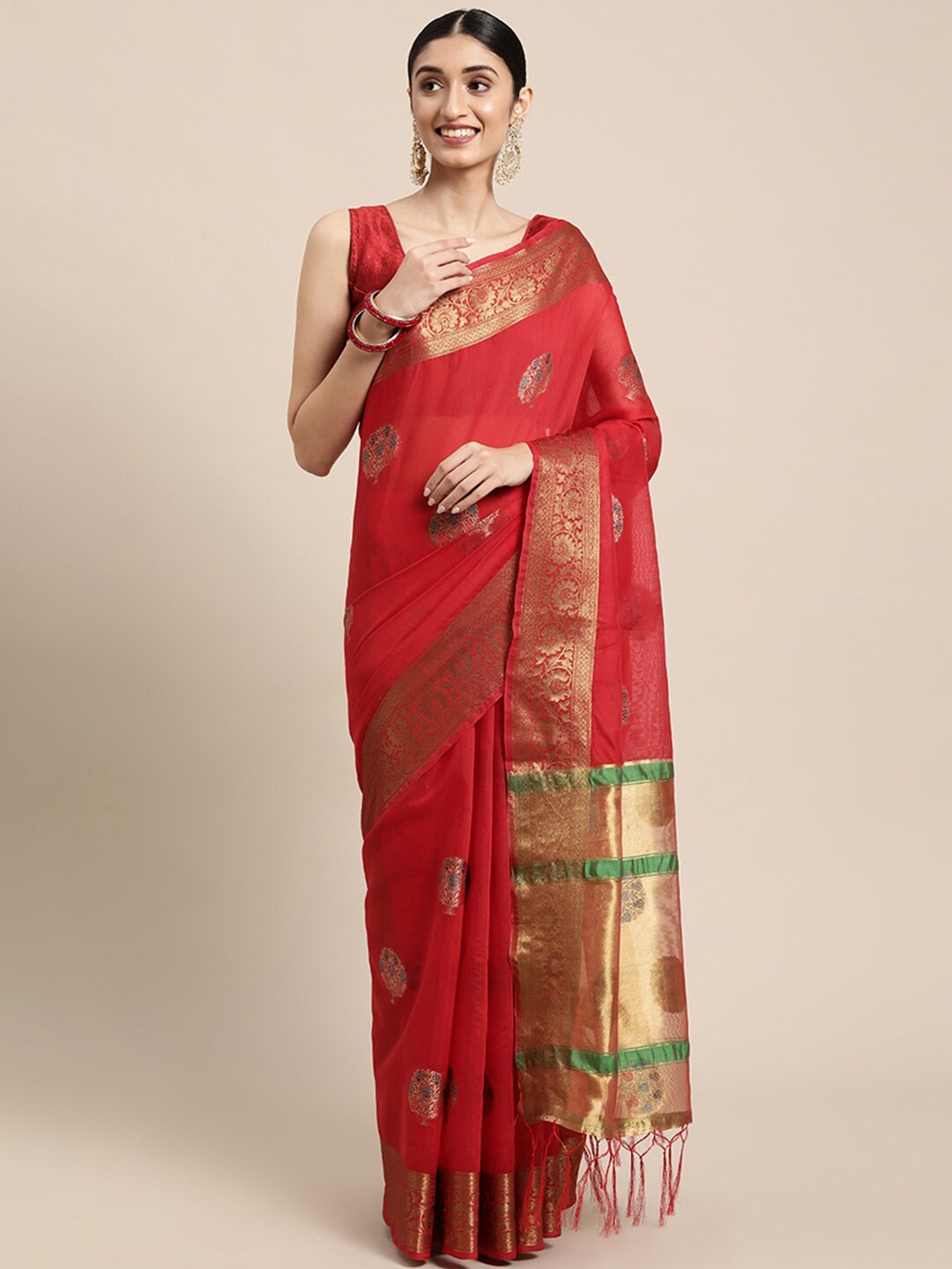 

Pisara Red & Green Floral Zari Silk Cotton Chanderi Saree