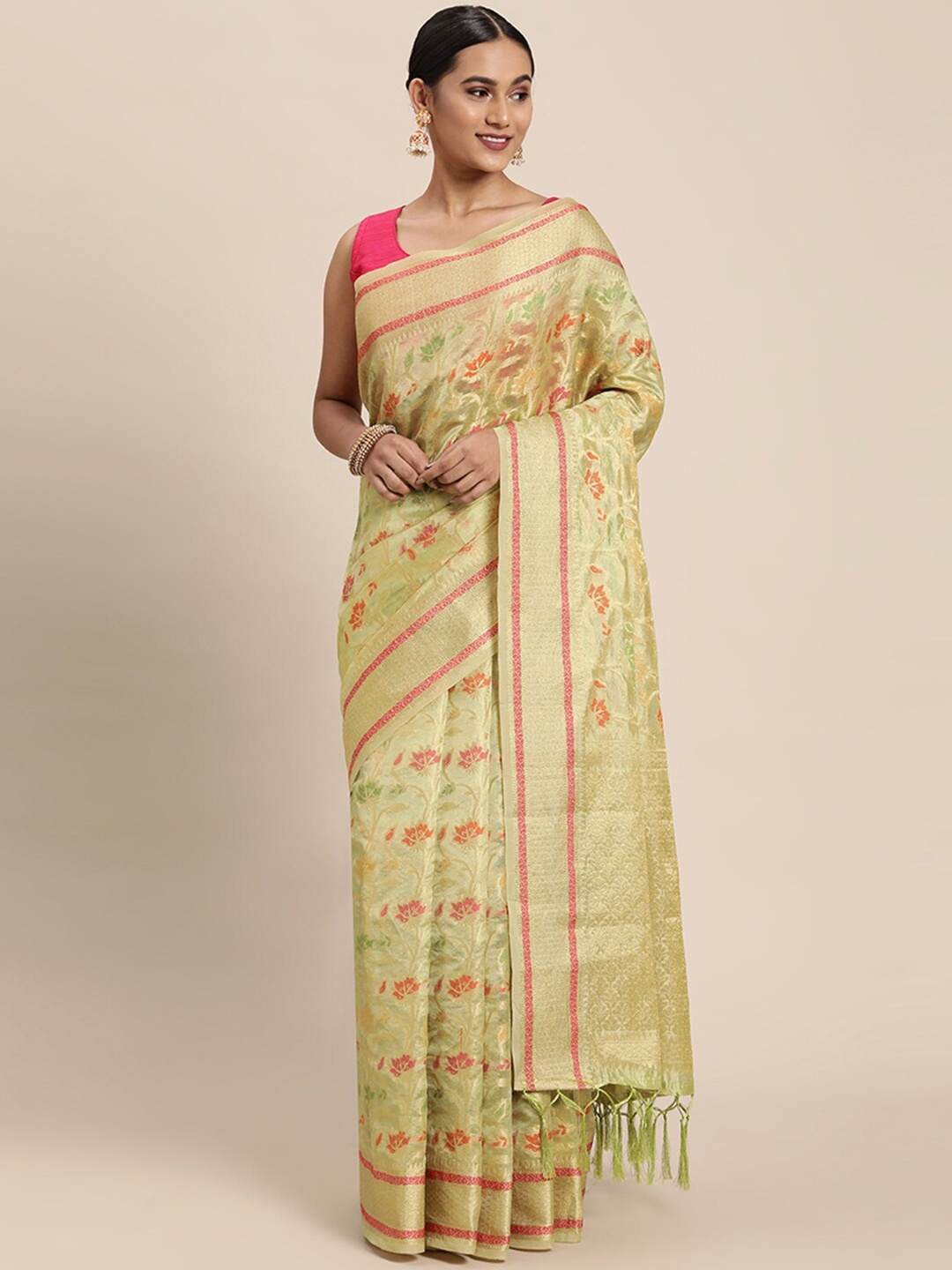 

Pisara Olive Green & Gold-Toned Floral Zari Organza Saree