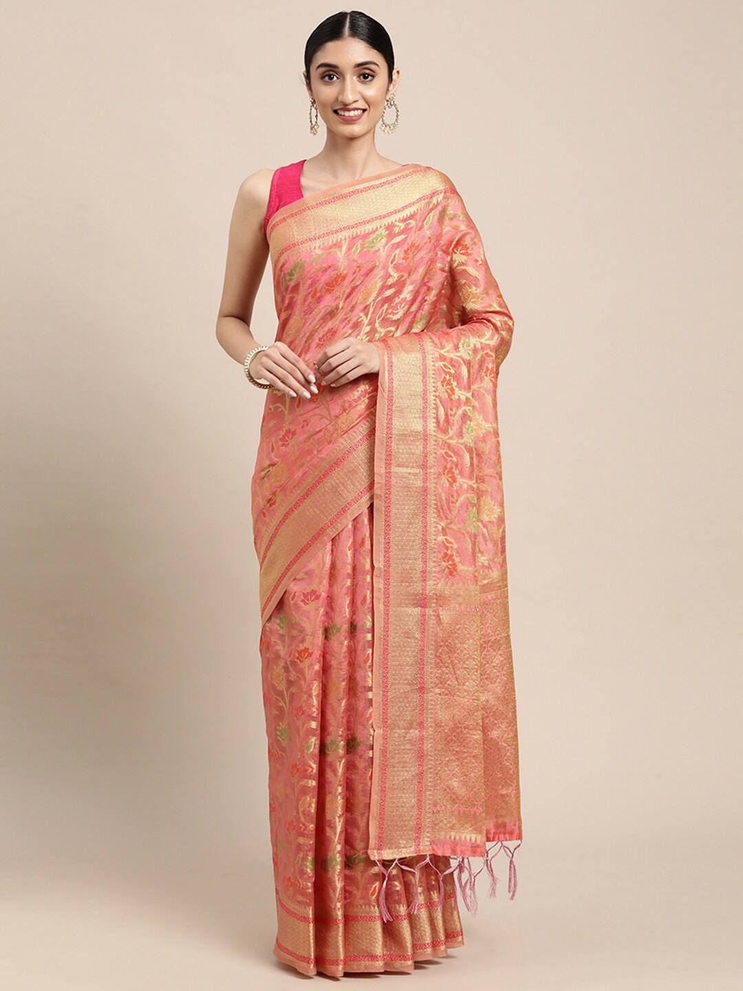 

Pisara Peach-Coloured & Gold-Toned Floral Zari Organza Saree