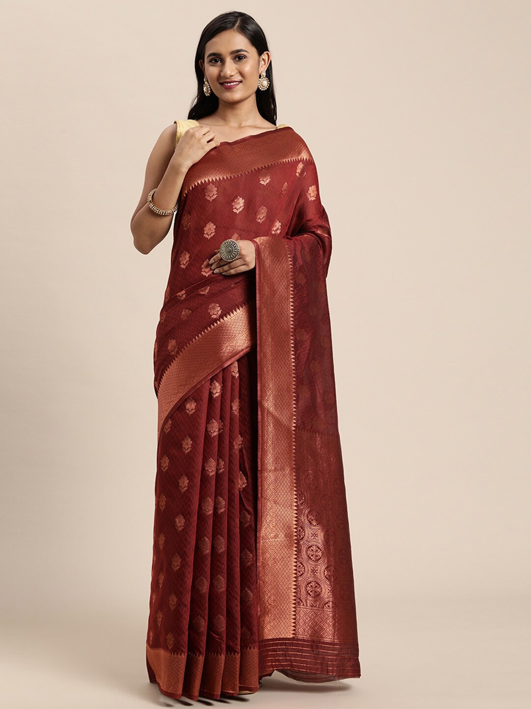 

Pisara Maroon & Gold-Toned Floral Zari Silk Cotton Chanderi Saree