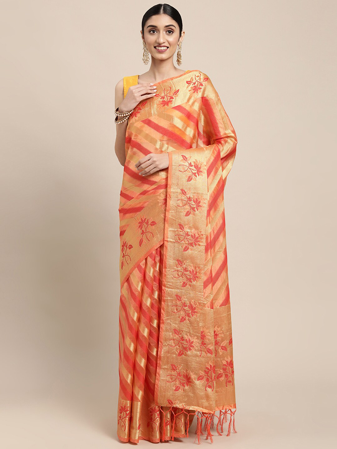 

Pisara Orange & Gold-Toned Striped Zari Organza Saree