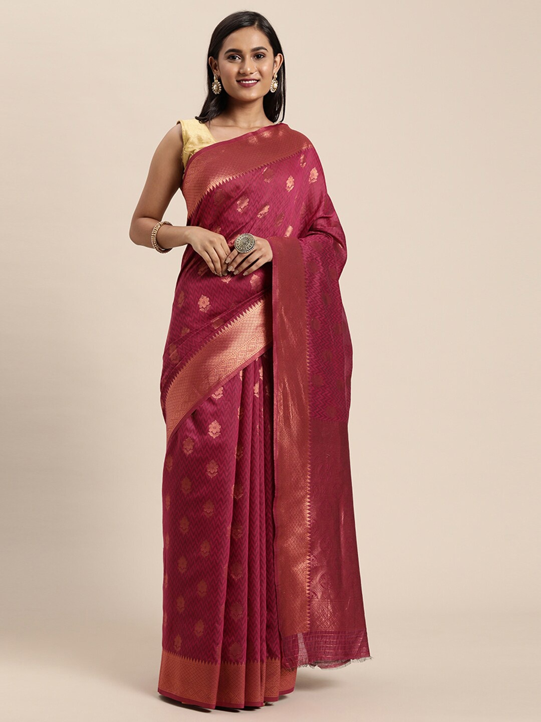 

Pisara Pink & Copper-Toned Floral Zari Silk Cotton Chanderi Saree