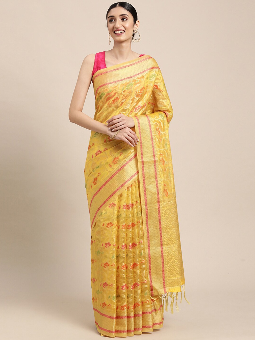 

Pisara Yellow & Gold-Toned Floral Organza Saree