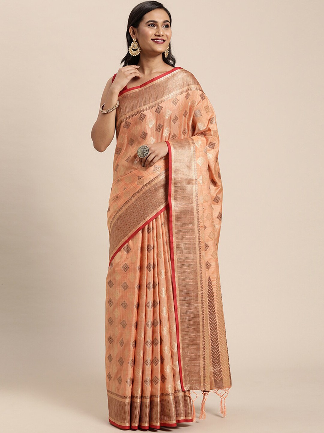 

Pisara Orange & Gold-Toned Zari Silk Cotton Chanderi Saree