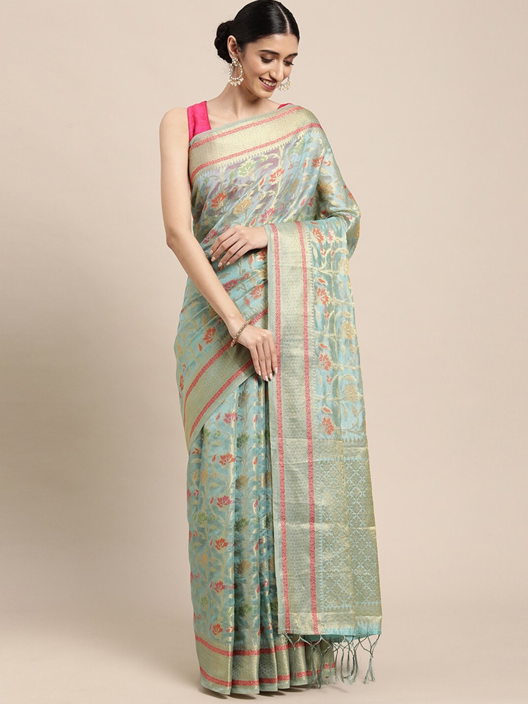 

Pisara Turquoise Blue & Gold-Toned Floral Zari Organza Saree