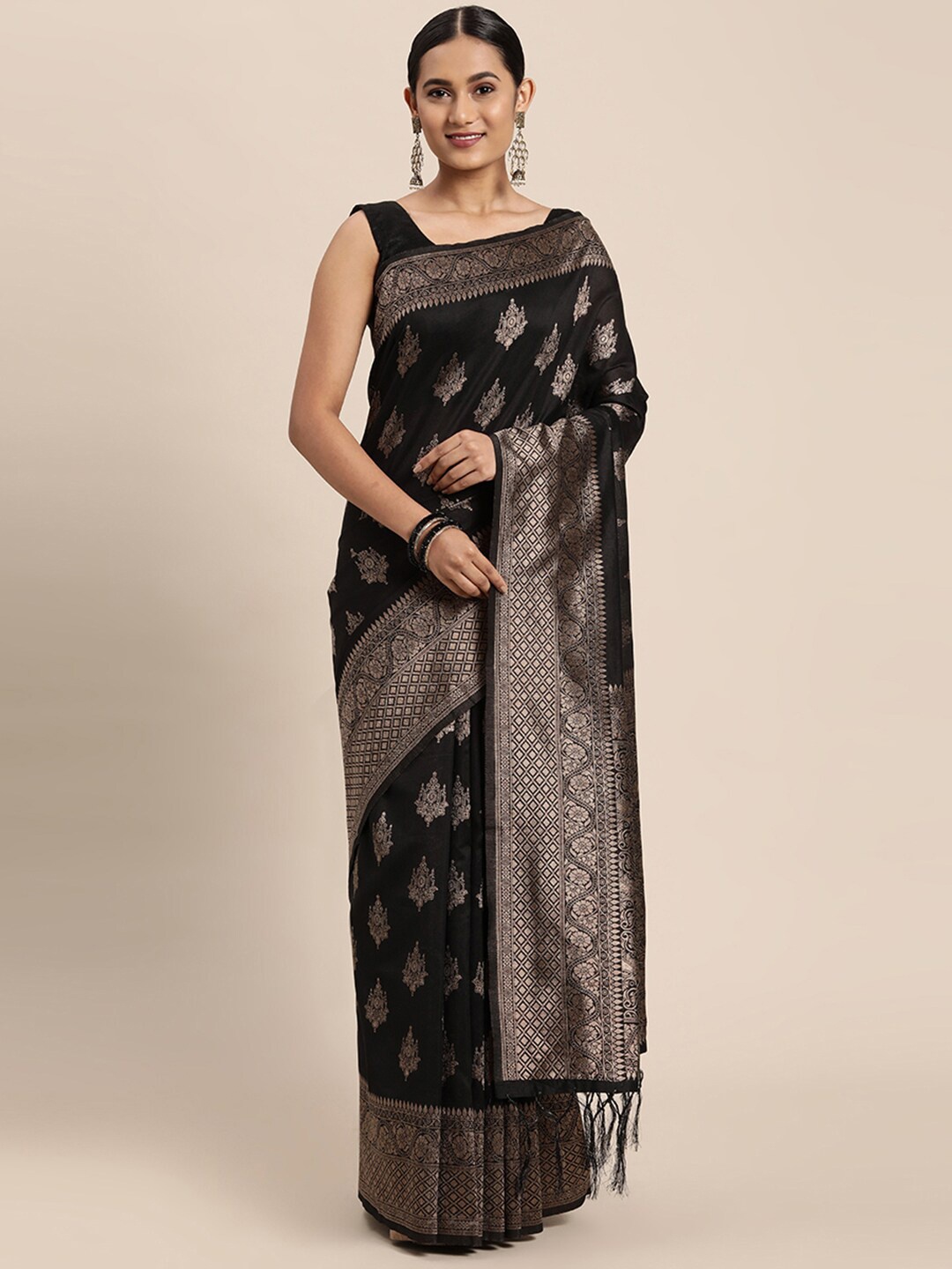 

Pisara Black & Gold-Toned Floral Zari Silk Cotton Chanderi Saree