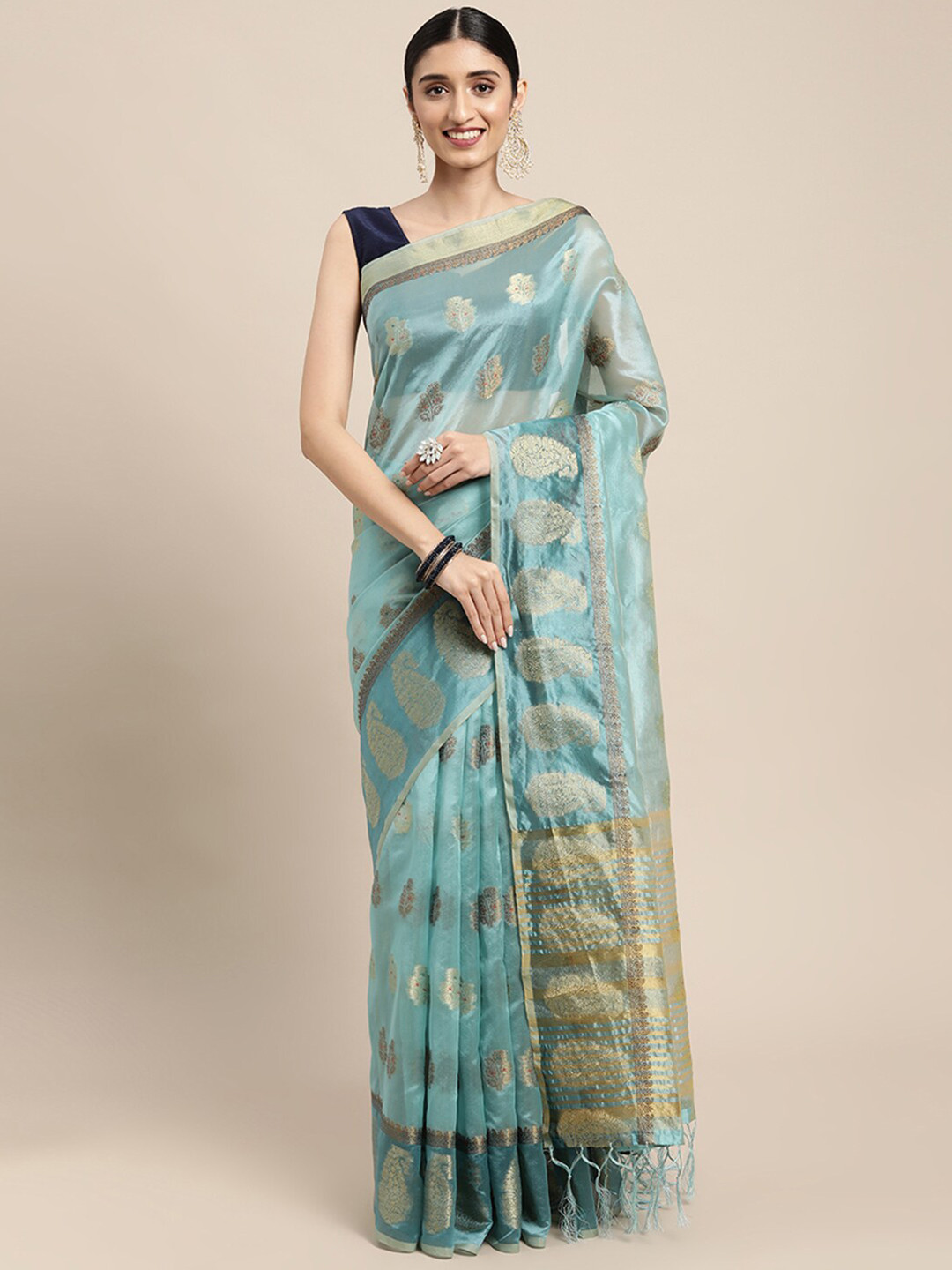 

Pisara Turquoise Blue & Gold-Toned Floral Zari Organza Saree