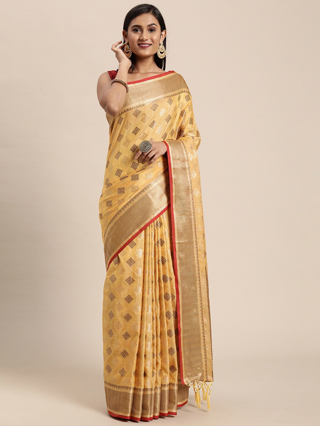 

Pisara Mustard & Gold-Toned Silk Cotton Chanderi Saree