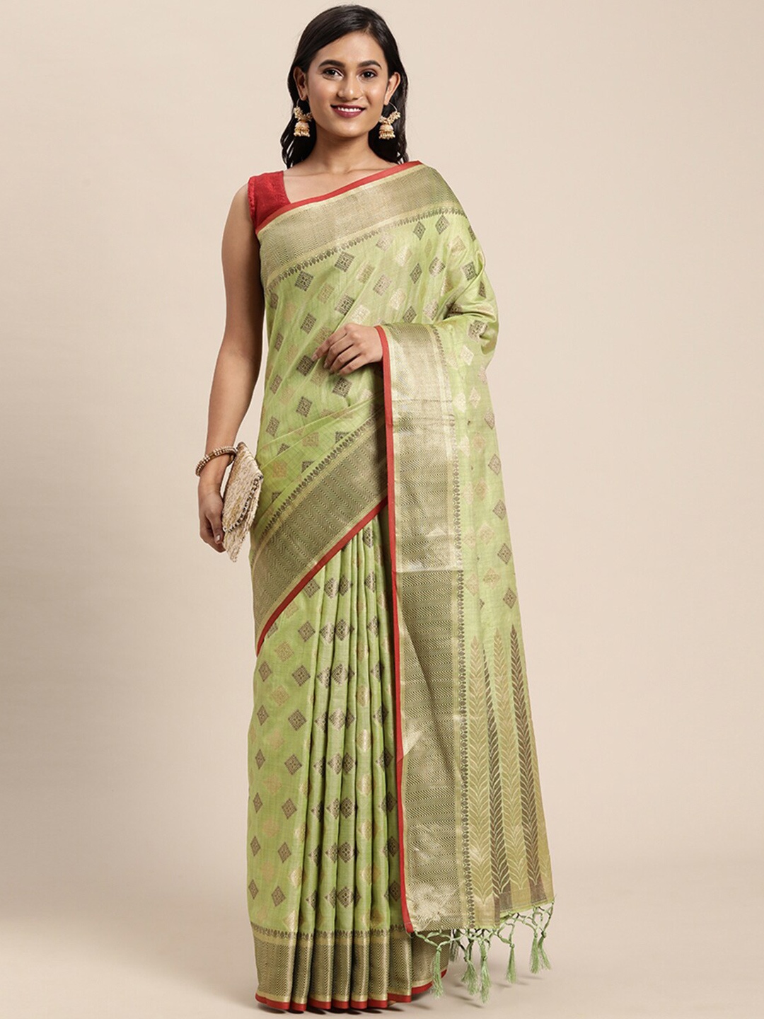 

Pisara Lime Green & Gold-Toned Zari Silk Cotton Chanderi Saree