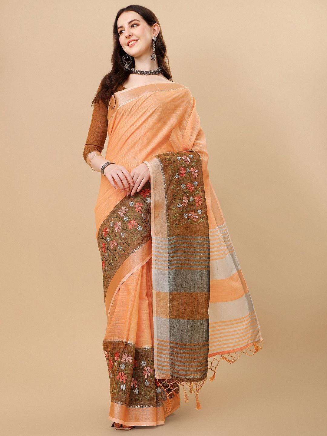 

Mitera Peach-Coloured & Brown Zari Pure Linen Saree