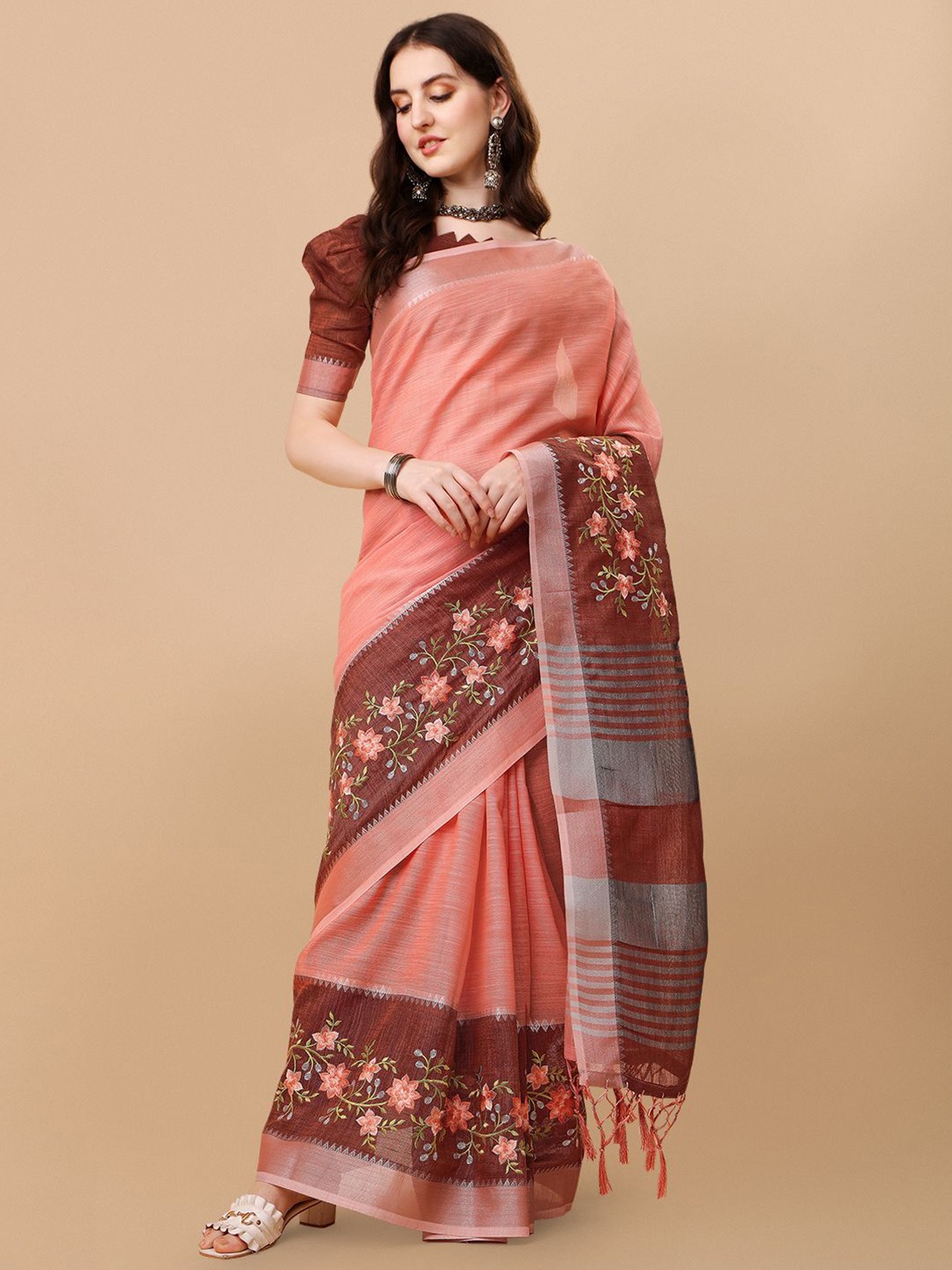 

Mitera Peach-Coloured & Brown Zari Pure Linen Saree