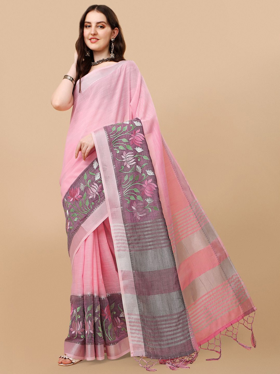 

Mitera Pink & Green Embroidered Pure Linen Saree
