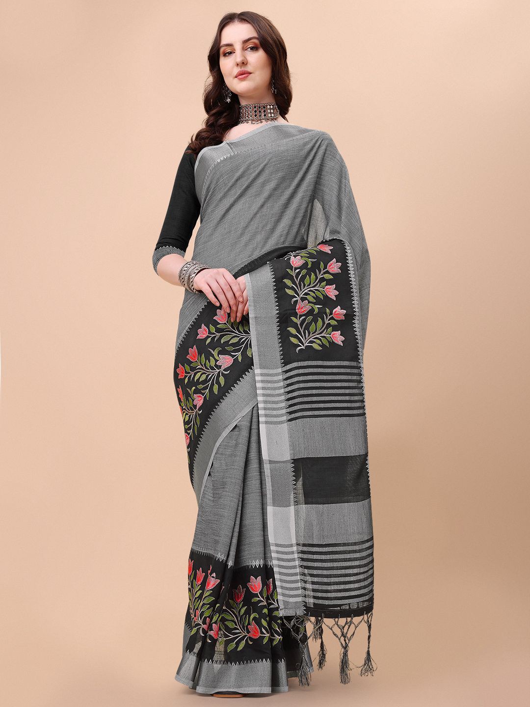 

Mitera Black & Pink Floral Embroidered Pure Linen Saree