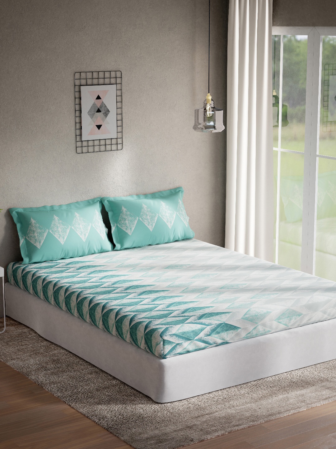 

DDecor Turquoise Blue & White Geometric 144 TC Queen Bedsheet with 2 Pillow Covers