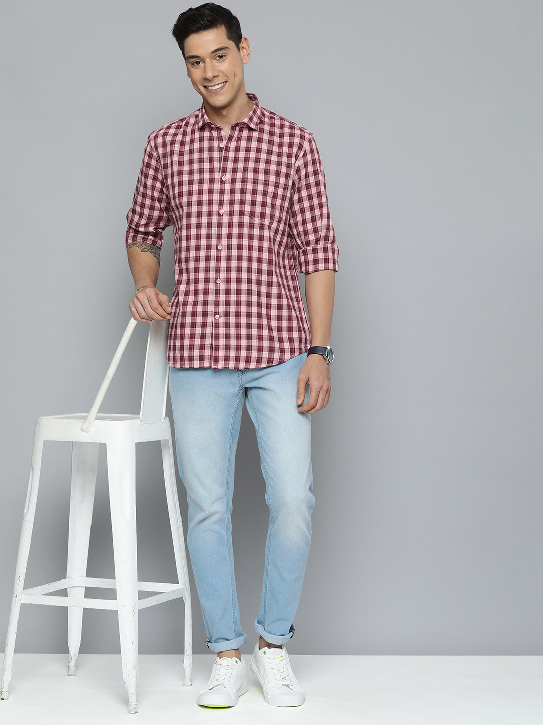 

Mast & Harbour Men Maroon & Peach Shepherd Checked Pure Cotton Casual Shirt