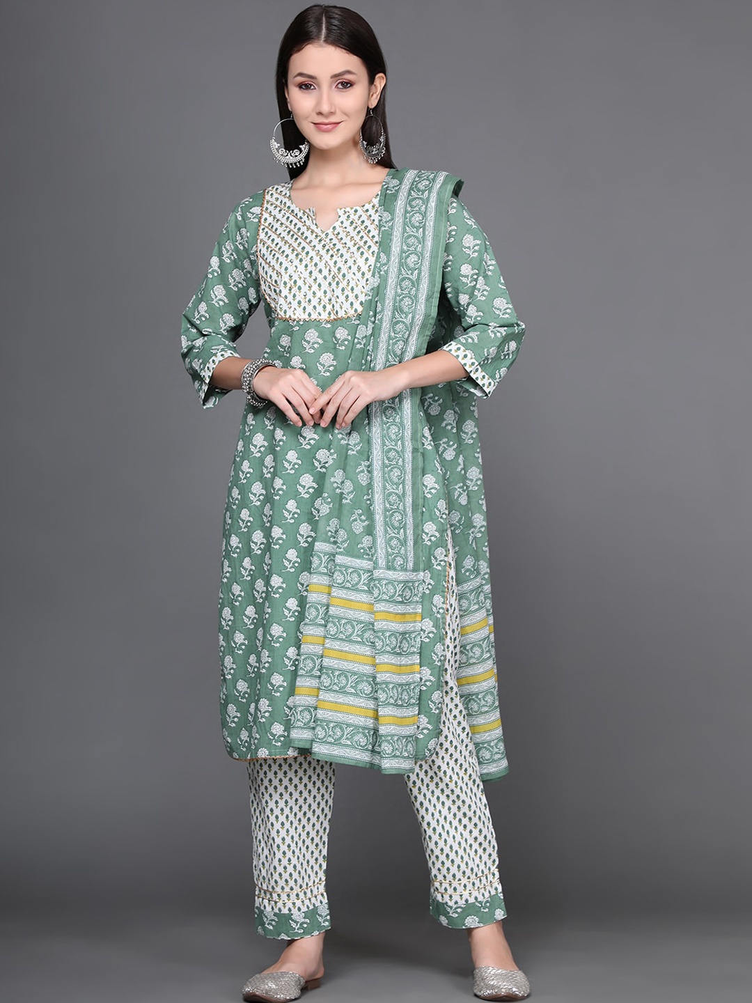 

Ziva Fashion Women Ethnic Motifs Printed Pure Cotton Kurta with Trouser & With Dupatta, Green