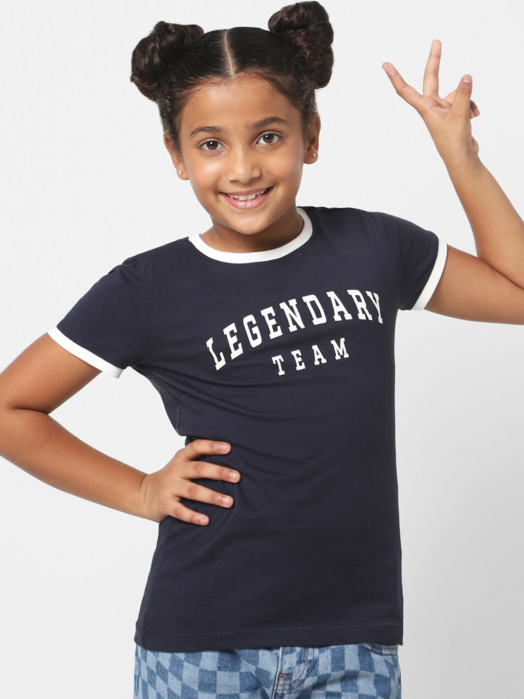 

KIDS ONLY Girls Navy Blue Typography Printed Cotton T-shirt