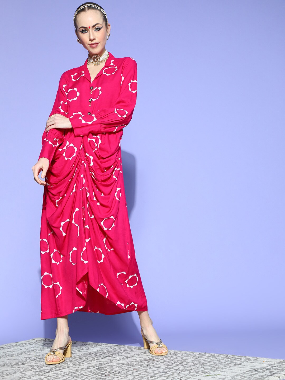 

kipek Women Pink & White Shirt Maxi Dress