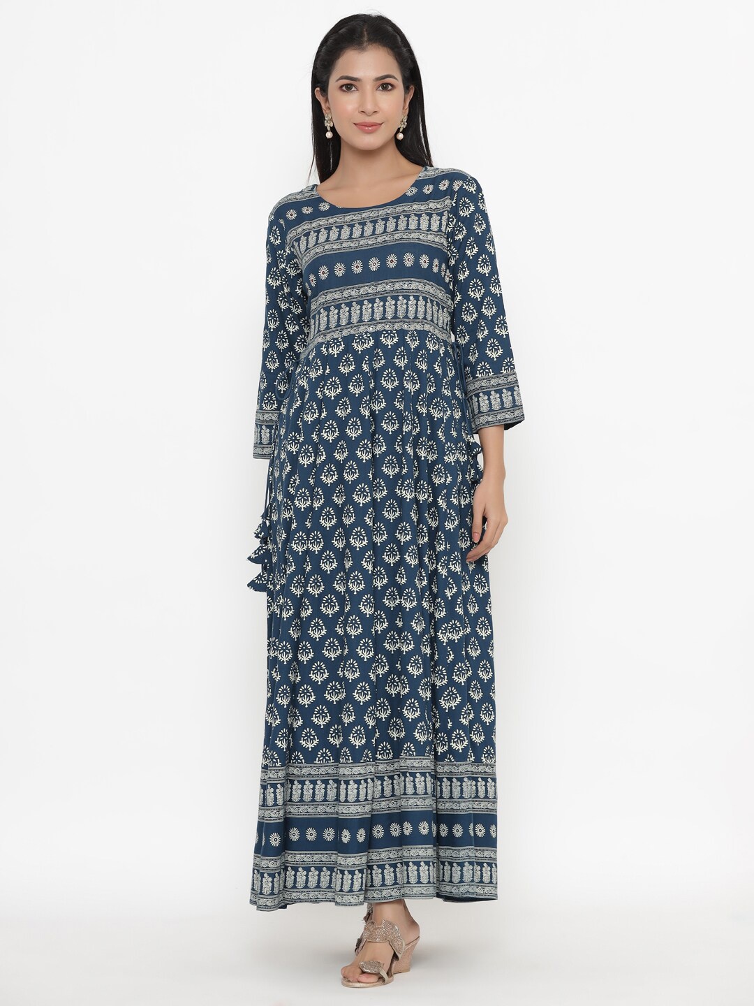 

kipek Women Teal & White Ethnic Motifs Maxi Dress