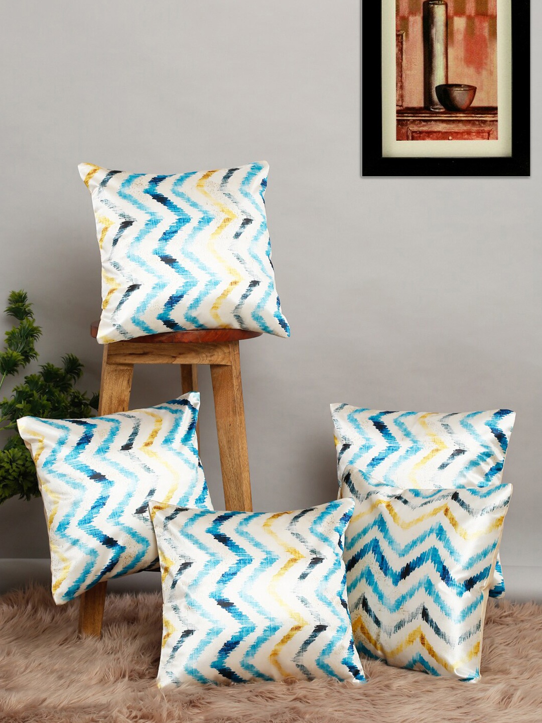 

MULTITEX Set of 5 Geometric Velvet Square Cushion Covers, Blue