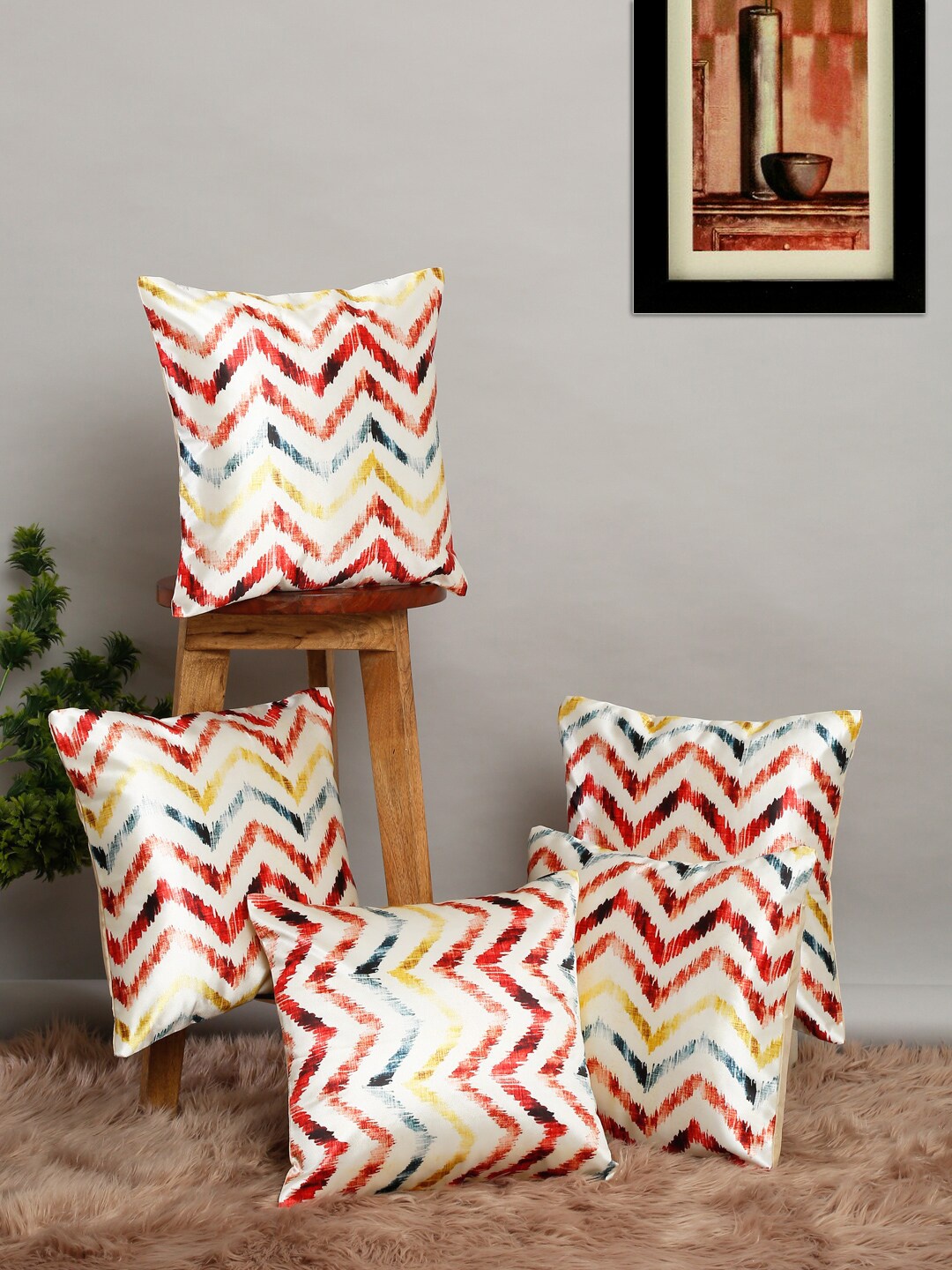 

MULTITEX Set of 5 Geometric Printed Velvet Square Cushion Covers, Cream