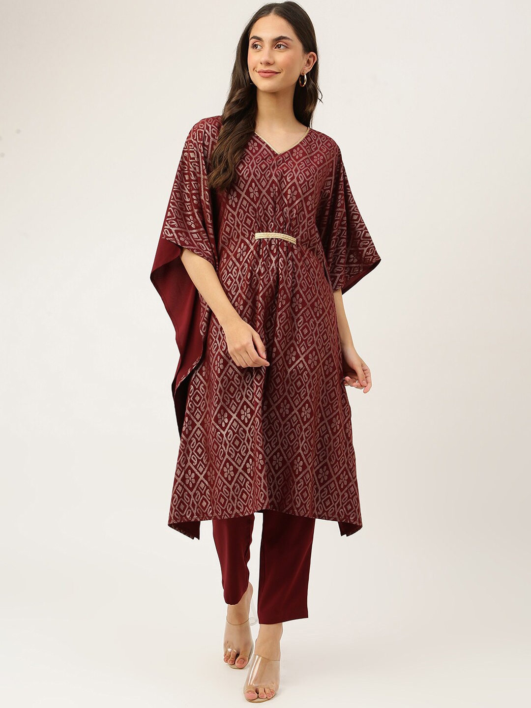 

FIORRA Women Ethnic Motifs Printed Kaftan Kurta with Trouser Set, Maroon