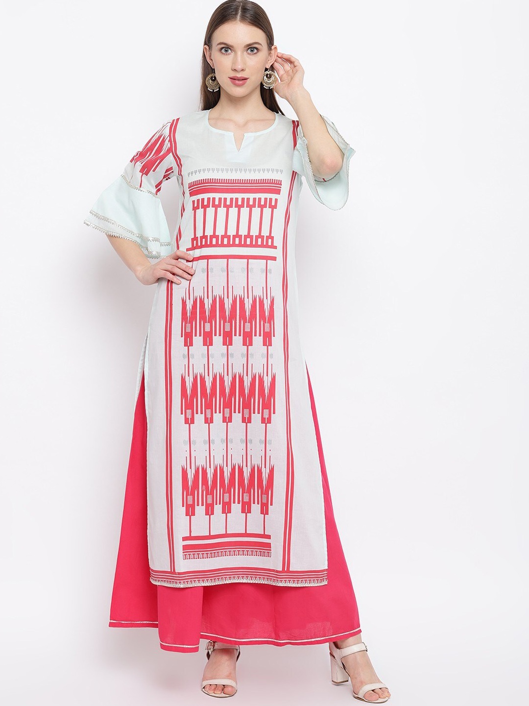 

RIVI Women Pink Printed Pure Cotton Kurti with Palazzos