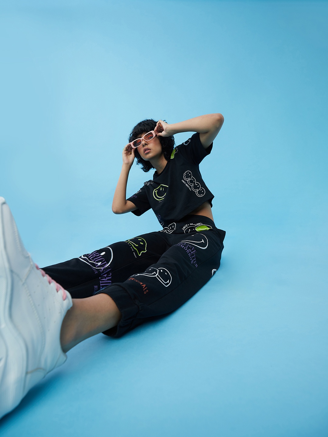 

ONLY X Smiley Collection Women Black Printed Cotton Jogger Track Pants