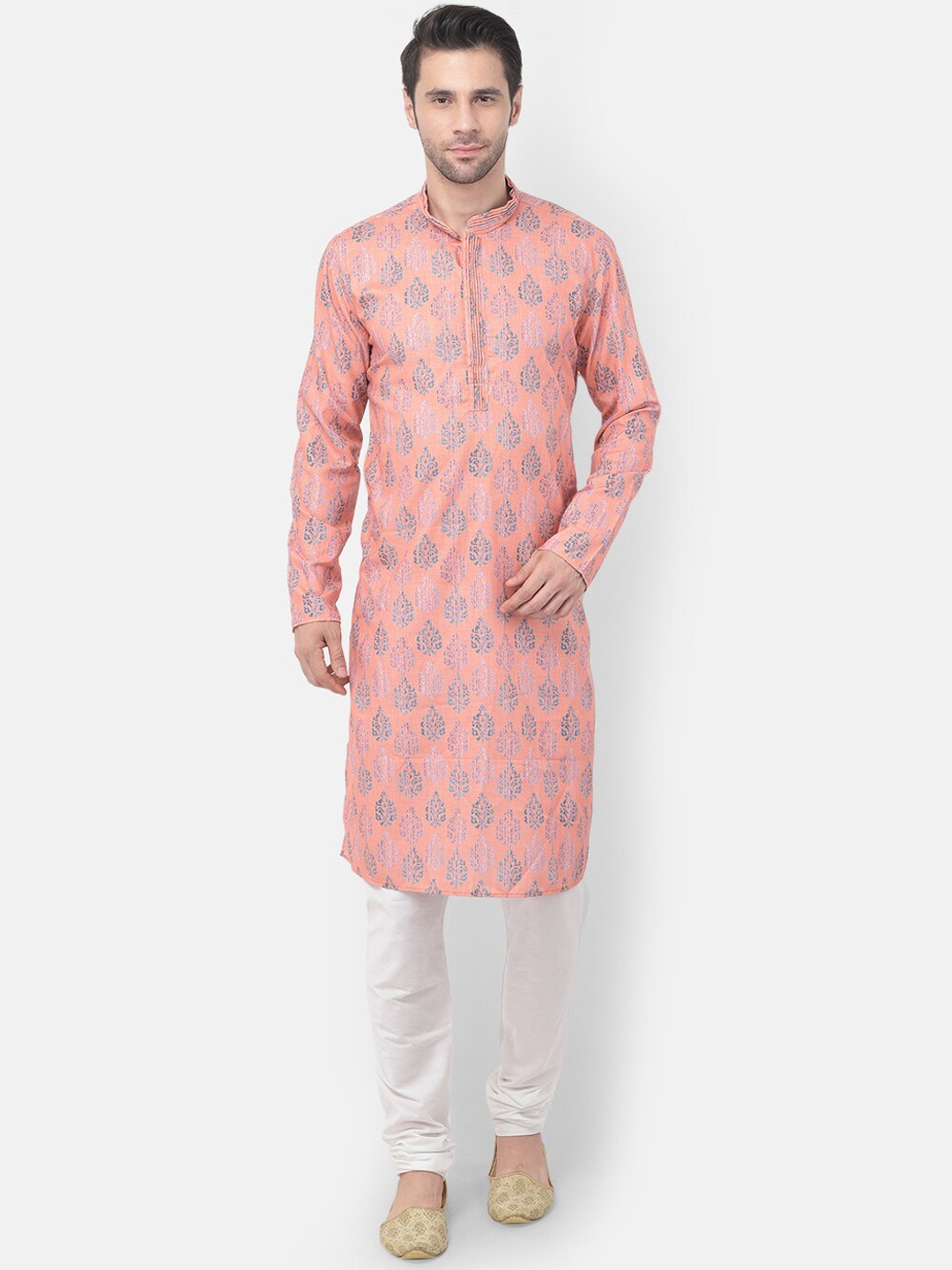 

TABARD Men Peach-Coloured Ethnic Motifs Printed Mandarin Collar Cotton Kurta