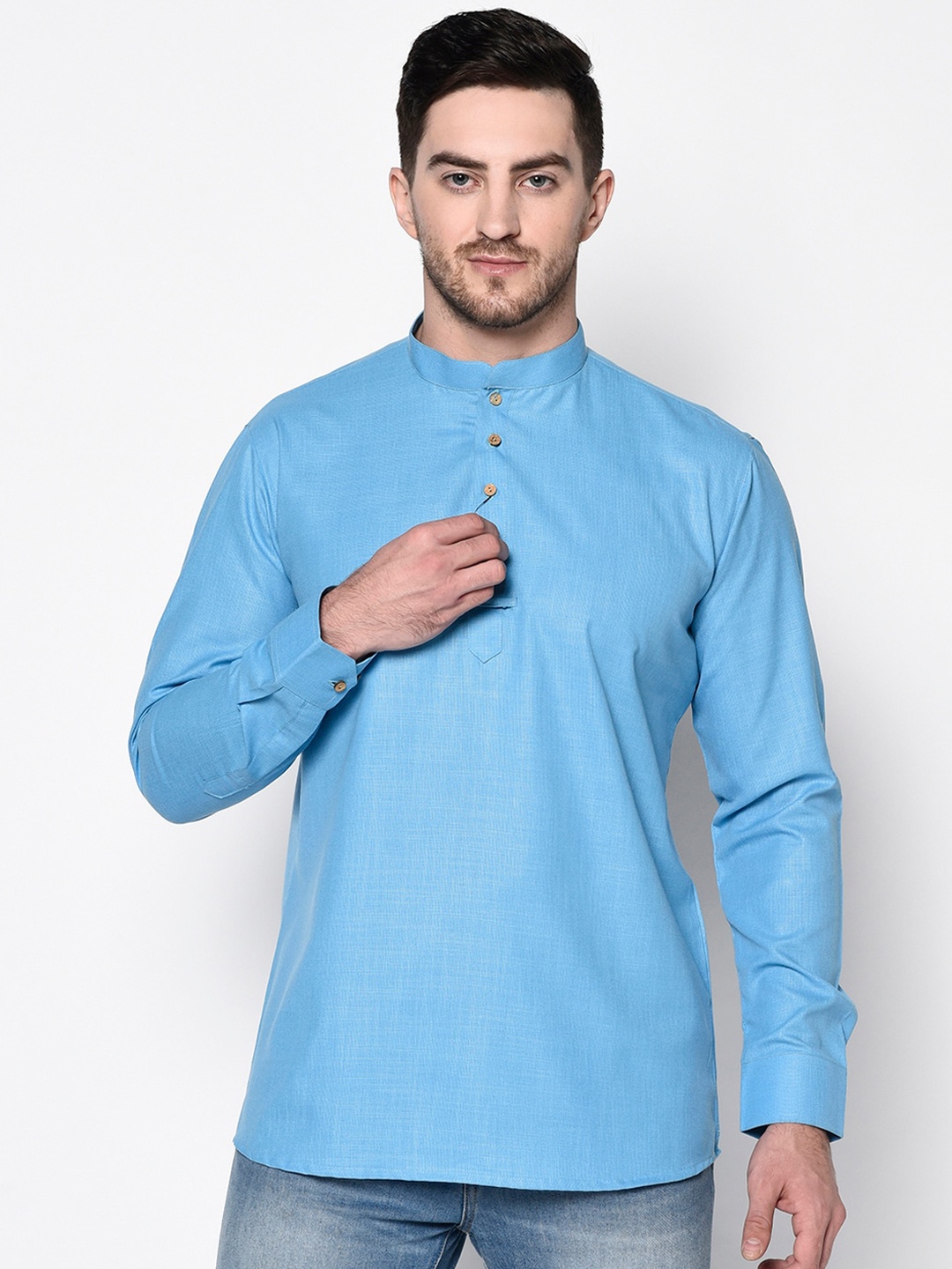 

TABARD Men Blue Solid Band Collar Long Sleeve Cotton Kurta