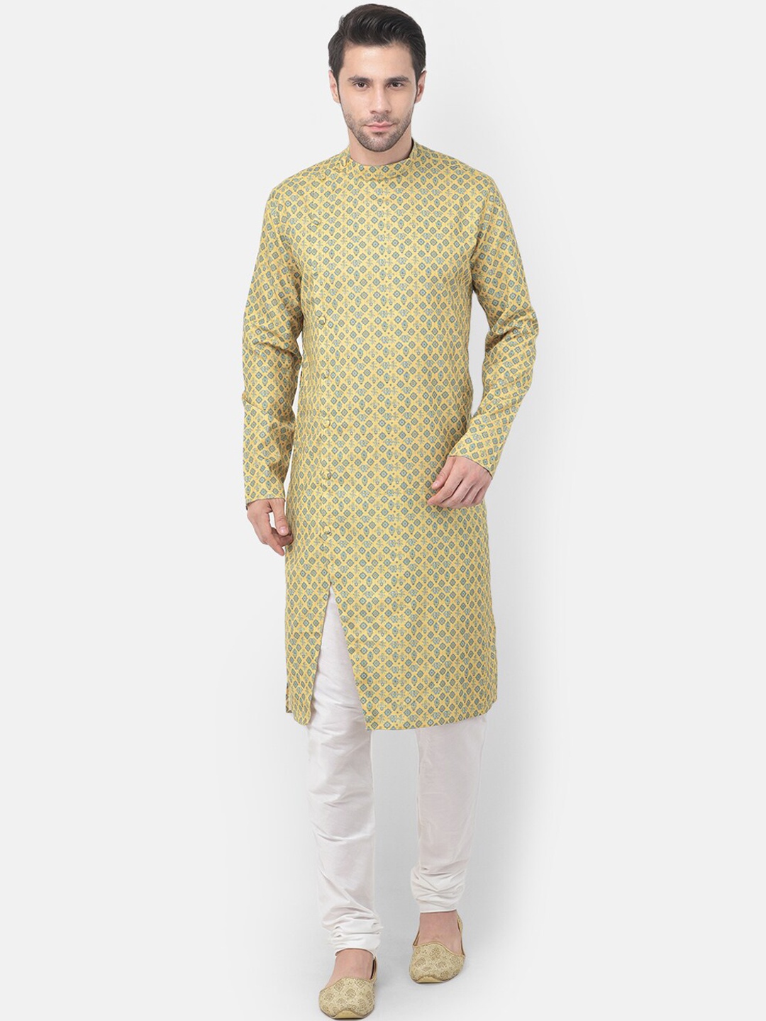 

TABARD Men Yellow & Blue Cotton Jacquard Kurta