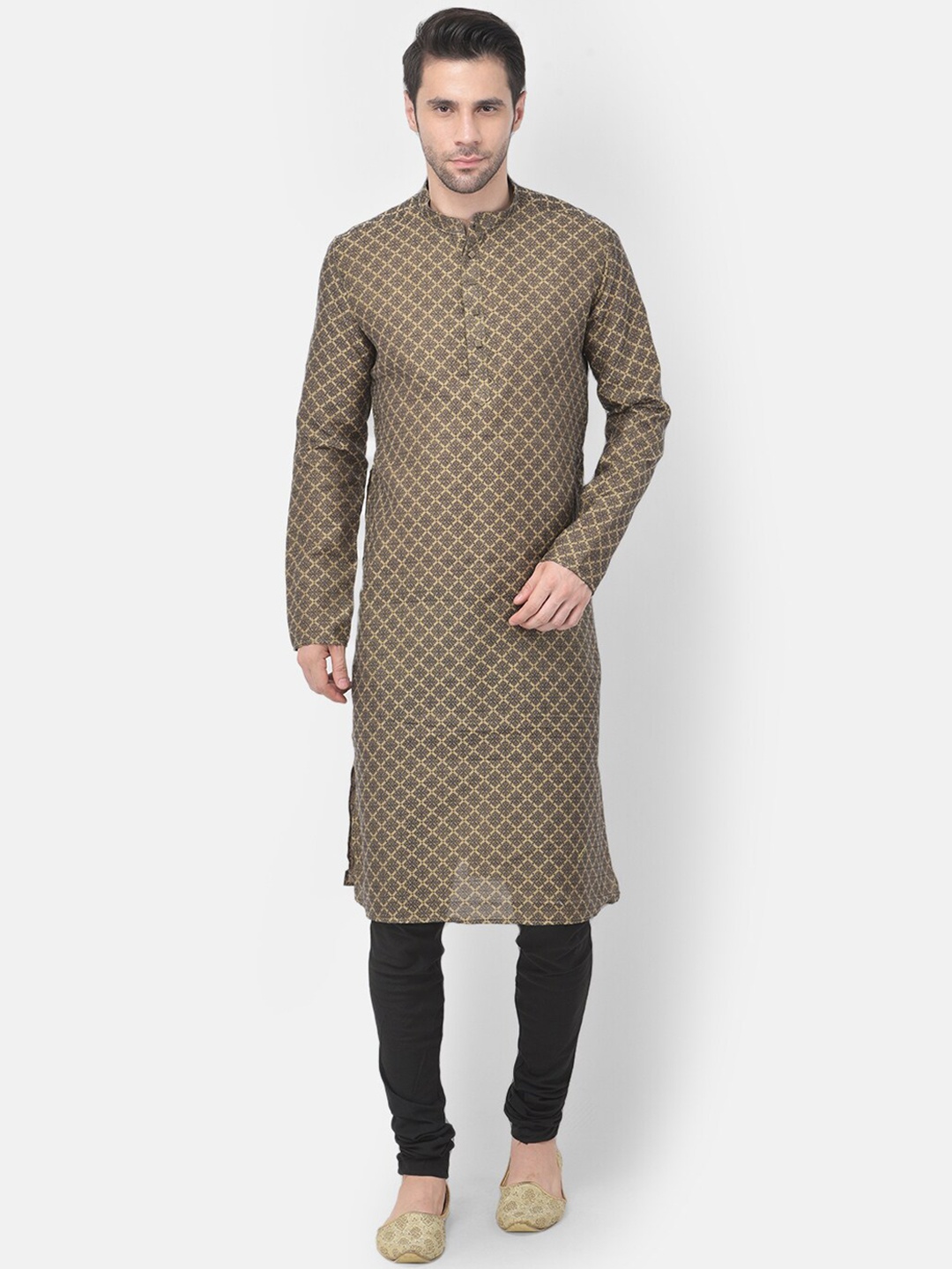 

TABARD Men Black & Beige Ethnic Motifs Band Collar Cotton Jacquard Kurta