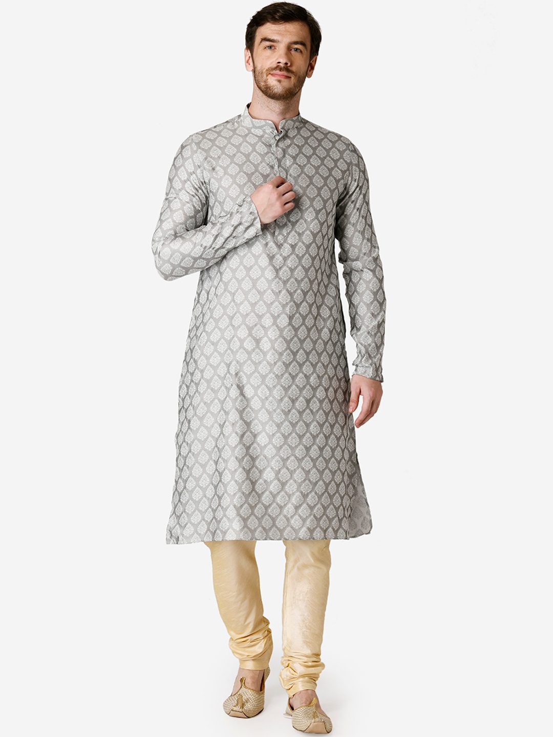 

TABARD Men White & Grey Ethnic Motifs Jacquard Kurta