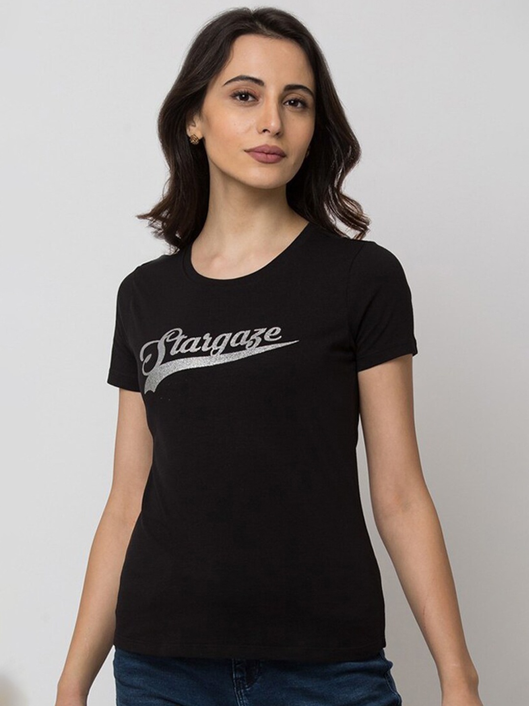 

SPYKAR Women Black Typography Printed T-shirt